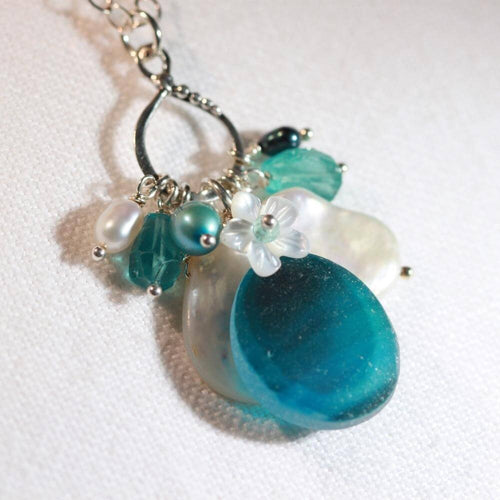 Teal Multi Sea Glass, Apatite and Freshwater Pearl Treasure Necklace