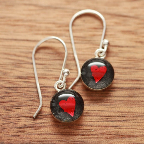 Red Tiny heart earrings made from recycled Starbucks gift cards, sterling silver and resin