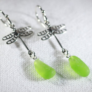 Sea Glass Silver Dragonfly Earrings (Choose Color)