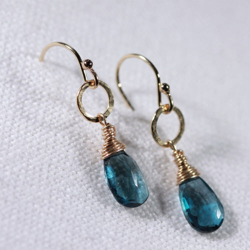 London Blue Topaz and hammered circle Earrings in 14 kt Gold Filled
