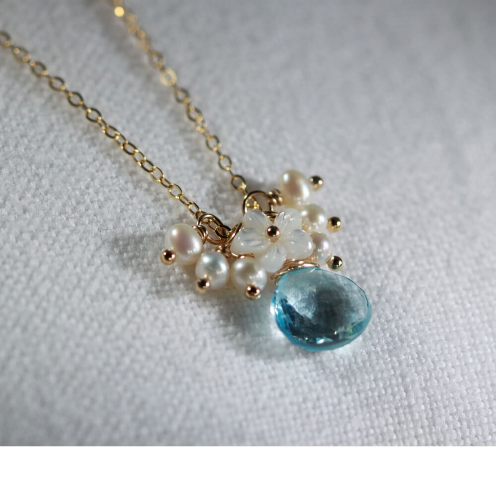 Swiss Blue Topaz and MOP Flower Charm Necklace in 14 kt Gold-Filled