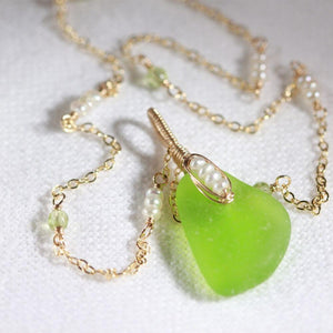 Lime Green Sea Glass, Peridot gemstones and freshwater pearls in 14kt GF