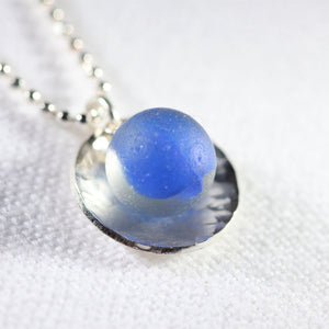 Blue Beachball Cat's Eye Peewee Marble One of a Kind Necklace in Sterling Silver