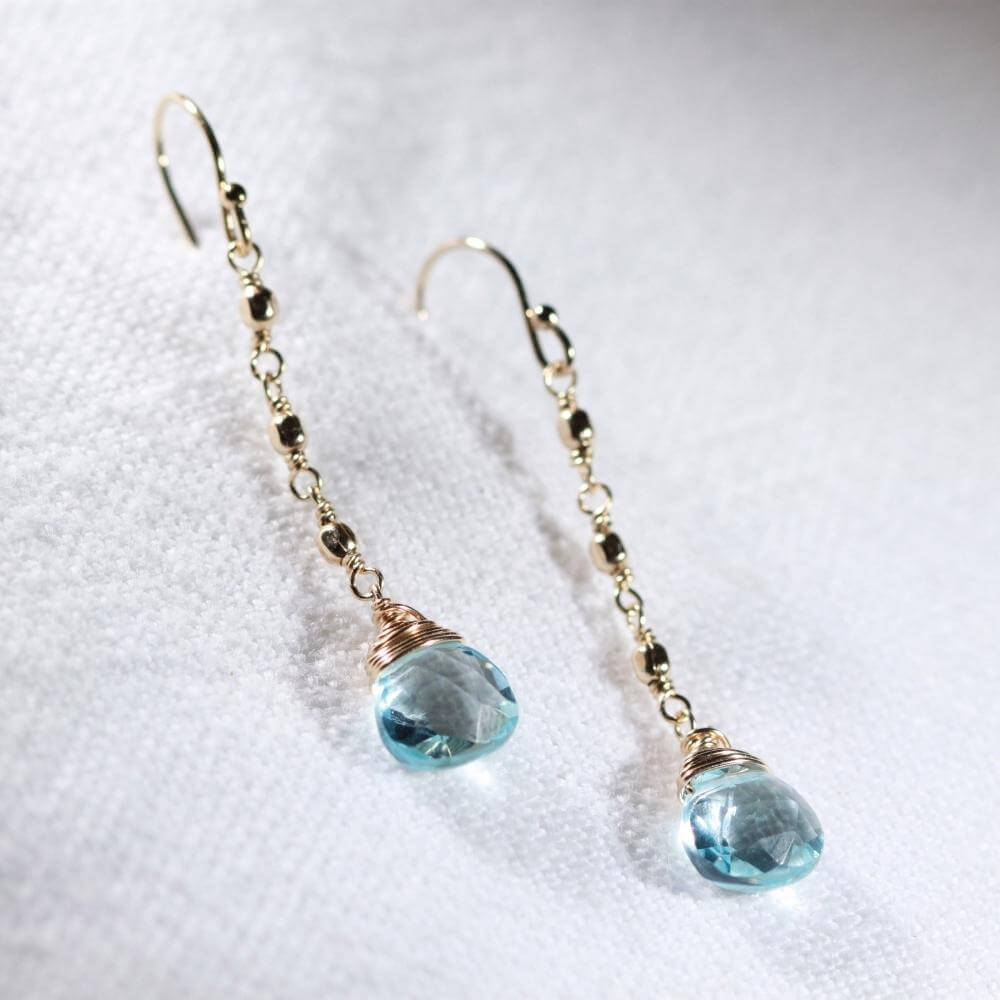 Swiss Blue Topaz and Chain Dangle Earrings in 14 kt Gold Filled