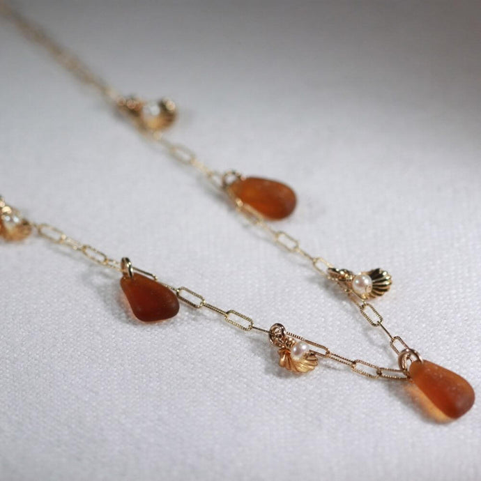 Amber sea glass, freshwater pearl and 14kt GF shell charm