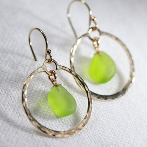 Lime Green Sea Glass on hammered 14 kt gold-filled hoops