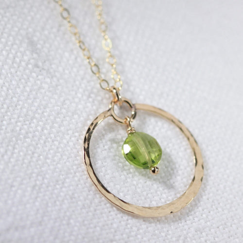 Peridot Briolette gemstone Necklace with Hammered hoop in 14kt gold filled