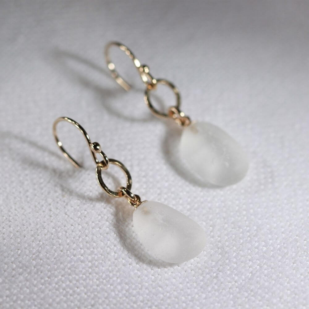 White Sea Glass Earrings in hammered 14 kt gold-filled circle