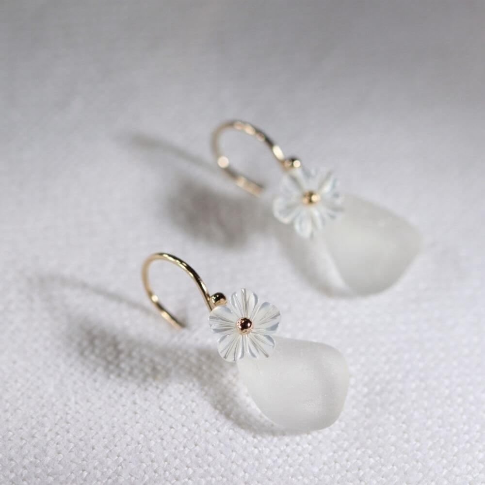 White Sea Glass Earrings in 14 kt gold-filled with a MOP flower charm