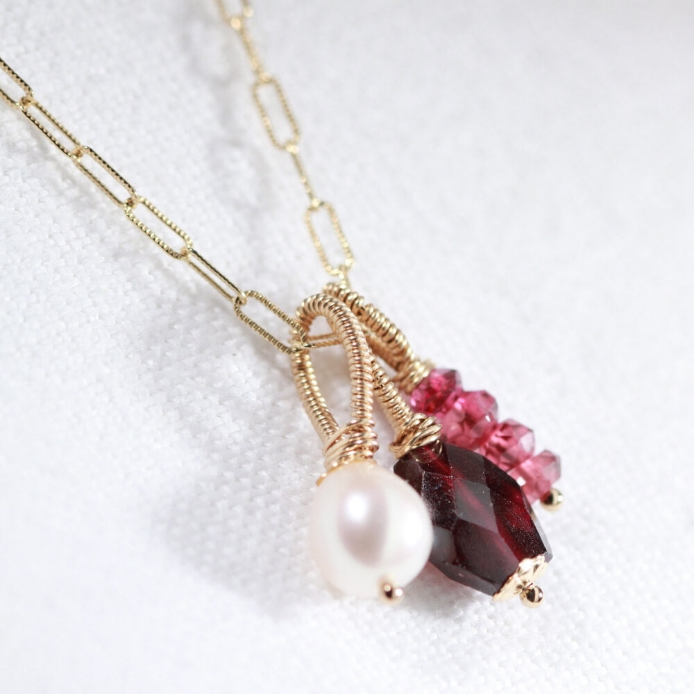 Garnet and Pearl Multi Charm Necklace in 14 kt Gold-Filled