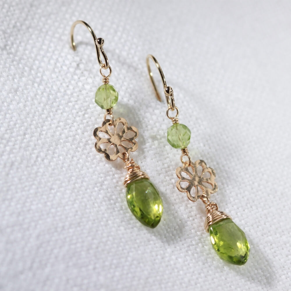 Peridot Marquise gemstone and hammered flower Earrings in 14 kt Gold Filled