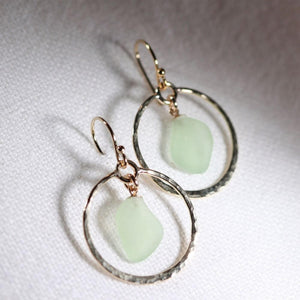 Sea foam green Sea Glass on hammered 14 kt gold-filled hoops
