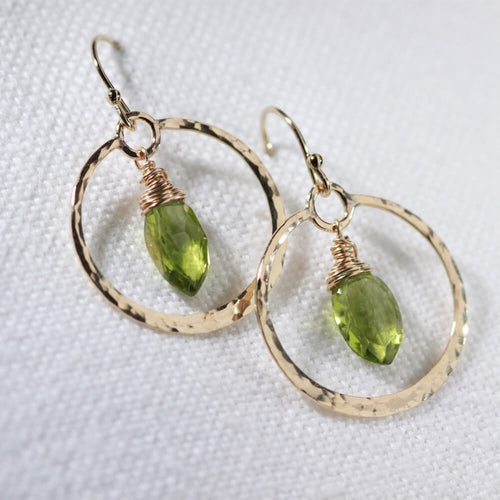 Peridot Marquise gemstone and Hammered Hoop Earrings in 14 kt Gold Filled
