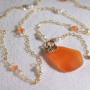 Rare Orange Sea Glass with carnelian and pearls in 14kt GF