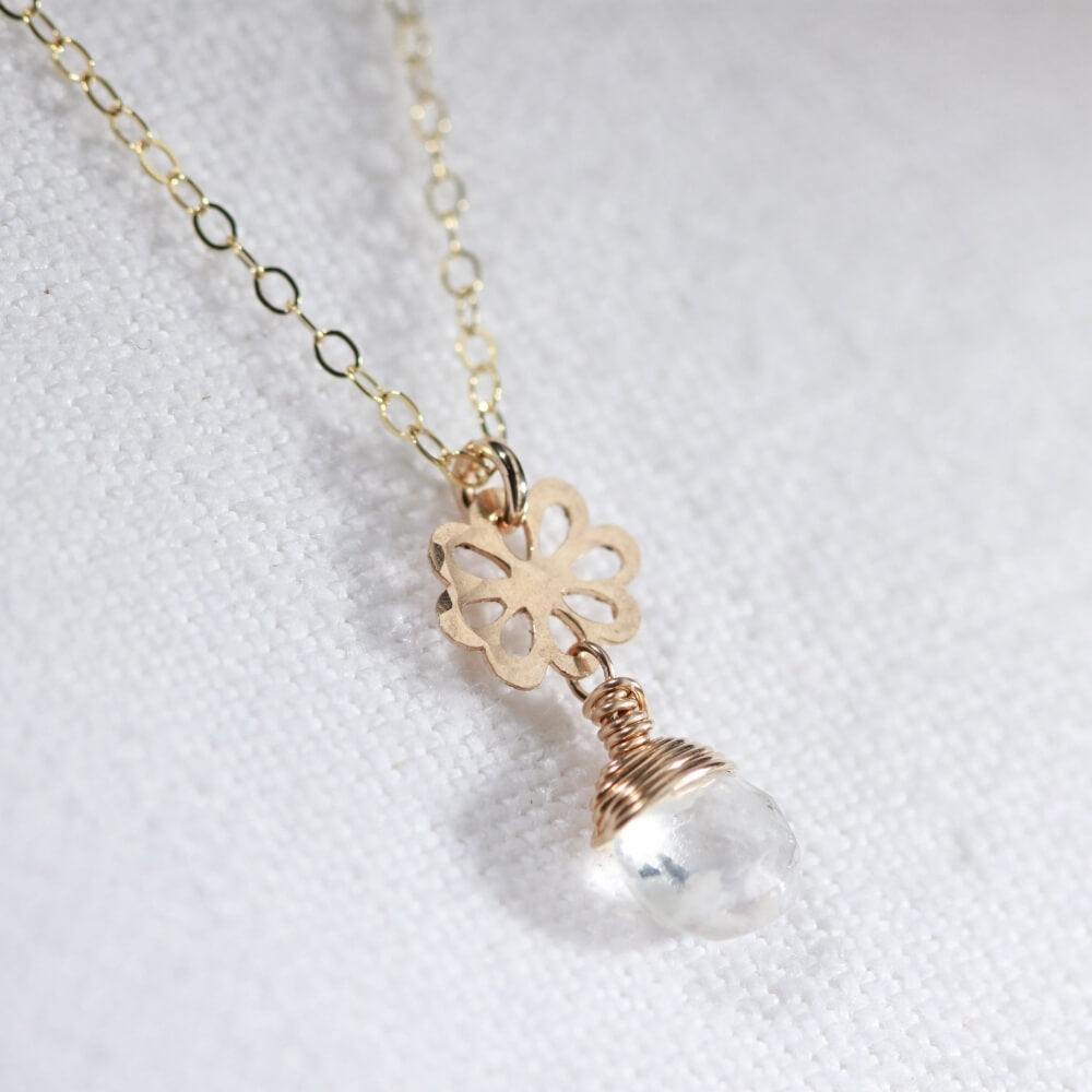 Moonstone, Rainbow briolette and flower charm pendant Necklace in 14 kt Gold-Filled
