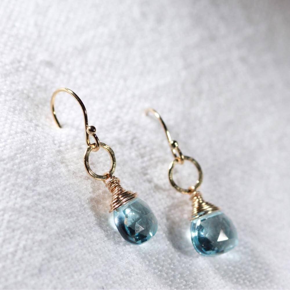 Swiss Blue Topaz and hammered circle Earrings in 14 kt Gold Filled