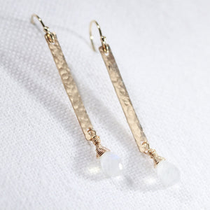 Moonstone, Rainbow gemstone and Hammered Bar Earrings in 14 kt Gold Filled