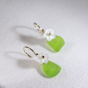 Lime Green Sea Glass Earrings in 14 kt gold-filled with a MOP flower charm