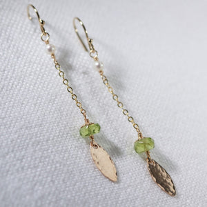 Peridot gemstone and pearl Dangle Chain Earrings in 14kt gold filled