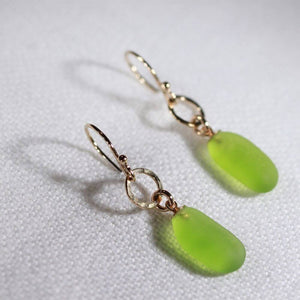 Lime Green Sea Glass Earrings in hammered 14 kt gold-filled circle