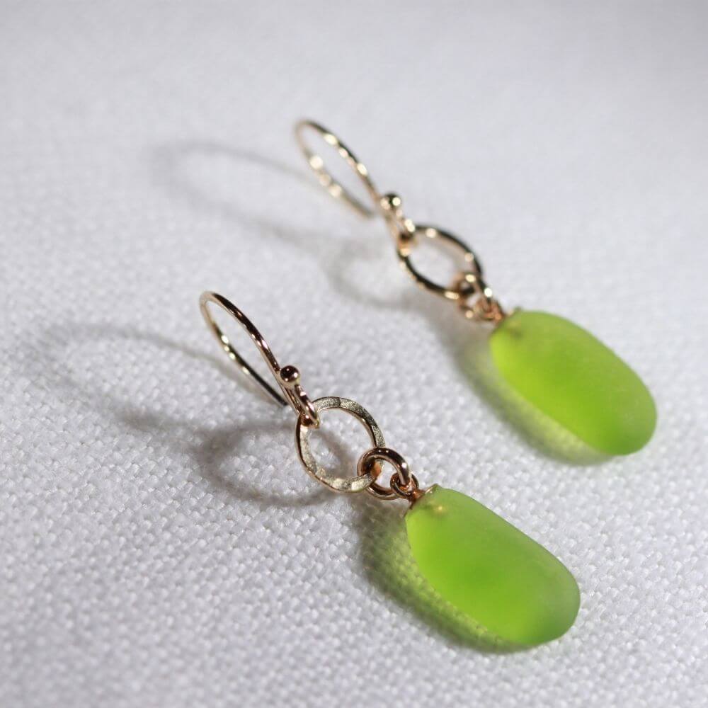 Lime Green Sea Glass Earrings in hammered 14 kt gold-filled circle