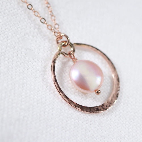 Pink Coin Pearl Necklace with Hammered hoop in 14kt rose gold filled