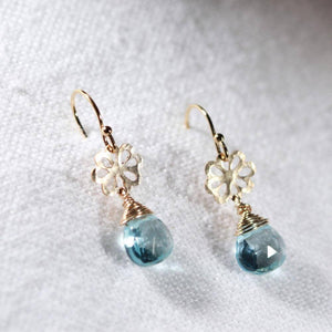 Swiss Blue Topaz and hammered flower Earrings in 14 kt Gold Filled