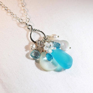 Turquoise Sea Glass, Blue Topaz and Freshwater Pearl Treasure Necklace