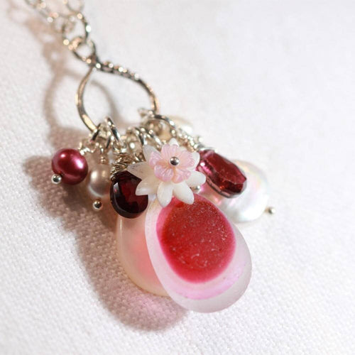 Beautiful Rosy red Multi Sea Glass and Tourmaline Treasure Necklace