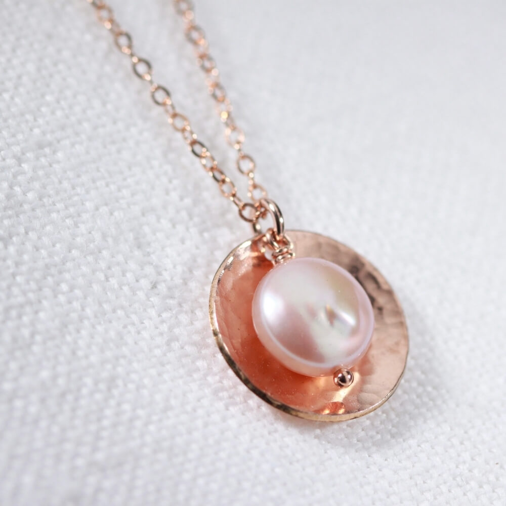 Pink Coin Pearl Necklace with Hammered disc in 14kt rose gold filled