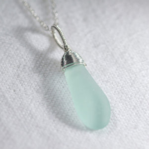 Sweet light aqua Sea Glass necklace hand wire wrapped in Sterling Silver