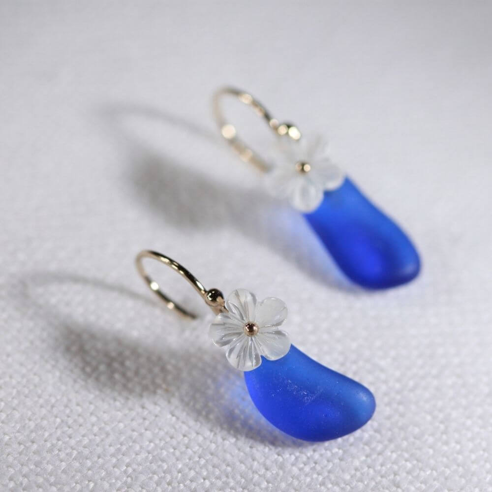 Cobalt Sea Glass Earrings in 14 kt gold-filled with a MOP flower charm