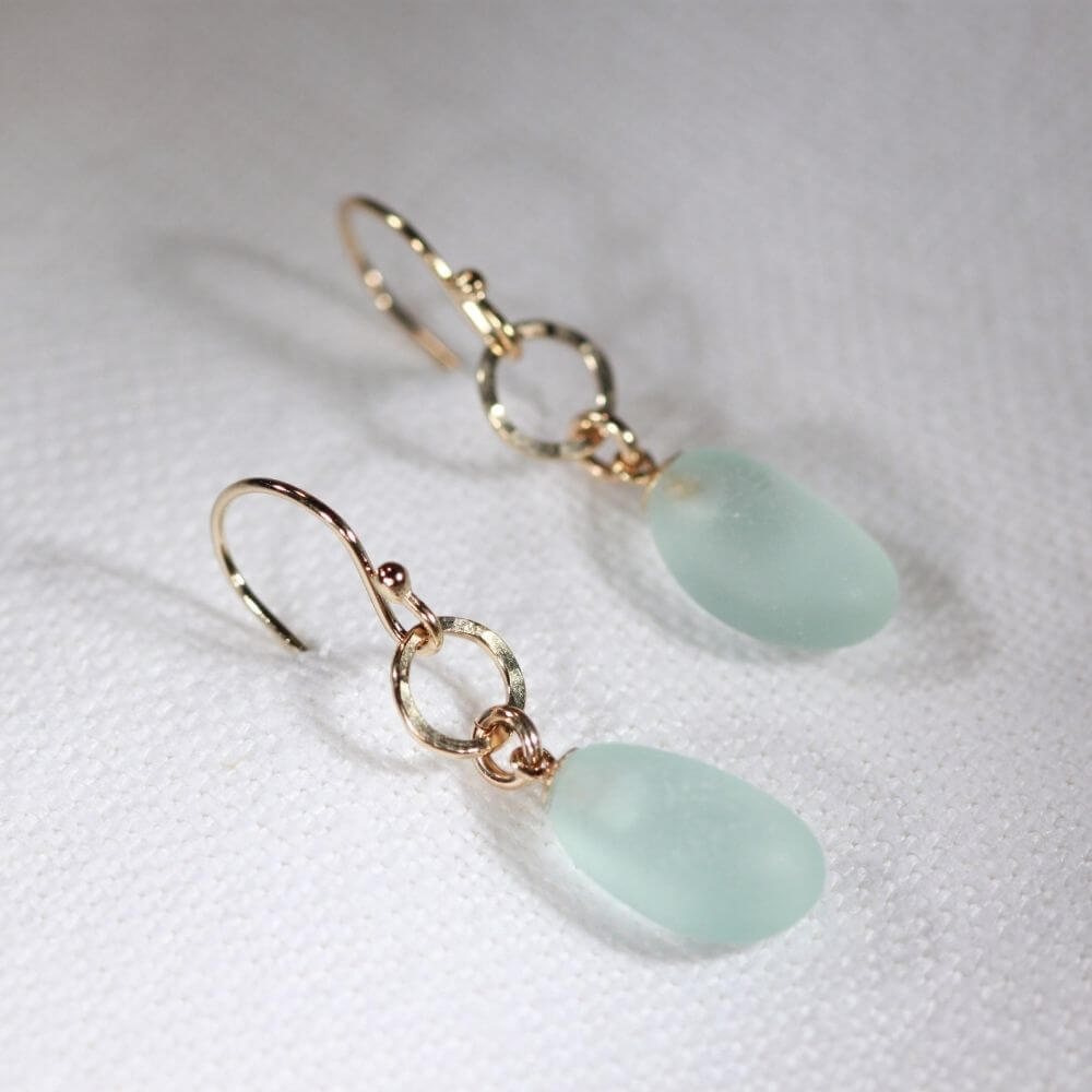 Aqua Sea Glass Earrings in hammered 14 kt gold-filled