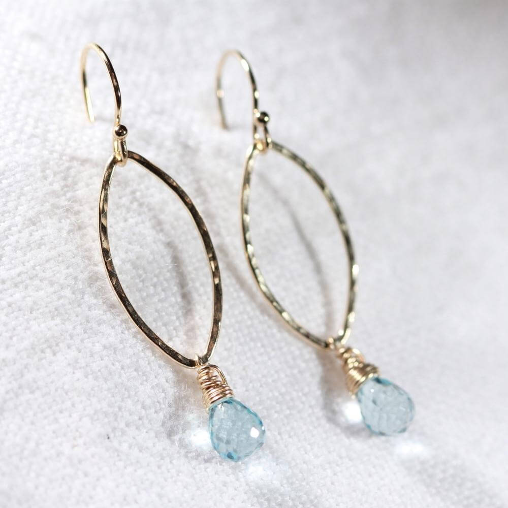 Swiss Blue Topaz Hammered marquise Hoop Earrings in 14 kt Gold Filled