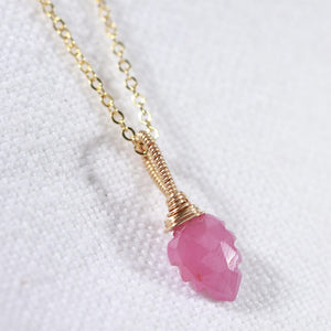 Sapphire, Pink Carved Leaf pendant Necklace in 14kt gold filled