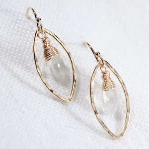 Moonstone, Rainbow gemstone and Hammered marquise Hoop Earrings in 14 kt Gold Filled