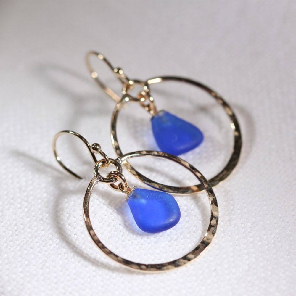 Cobalt blue Sea Glass on hammered 14 kt gold-filled hoops
