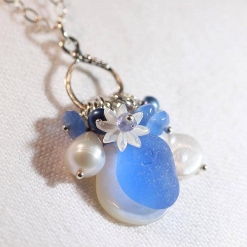 Cornflower Blue Sea Glass and Pearl Treasure Necklace