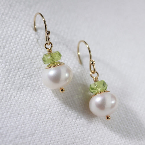 Peridot gemstone and freshwater pearl Earrings in 14 kt Gold Filled