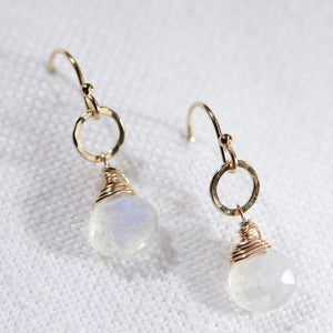 Moonstone, Rainbow gemstone and hammered circle Earrings in 14 kt Gold Filled