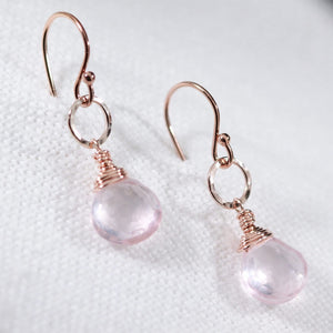 Rose Quartz and hammered circle Earrings in 14 kt rose Gold Filled