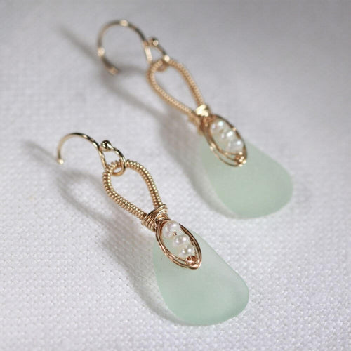 Sea Foam Green Sea Glass and pearl Earrings in 14 kt gold-filled