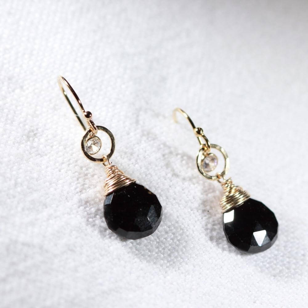 Black Garnet, CZ and hammered circle Earrings in 14 kt Gold Filled