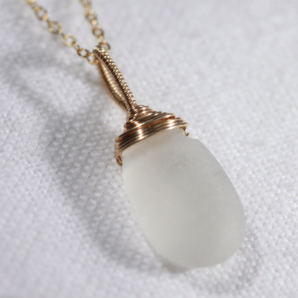 White Sea Glass necklace hand wire wrapped in 14kt GF