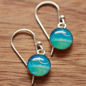 Tiny adrift at sea earrings made from recycled Starbucks gift cards, sterling silver and resin