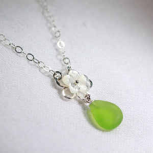 Silver Flower Sea Glass Necklace with MOP (Choose Color)