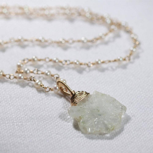 Quartz Crystal Geode Slice pendant with pearl beaded chin in 14 kt Gold-Filled