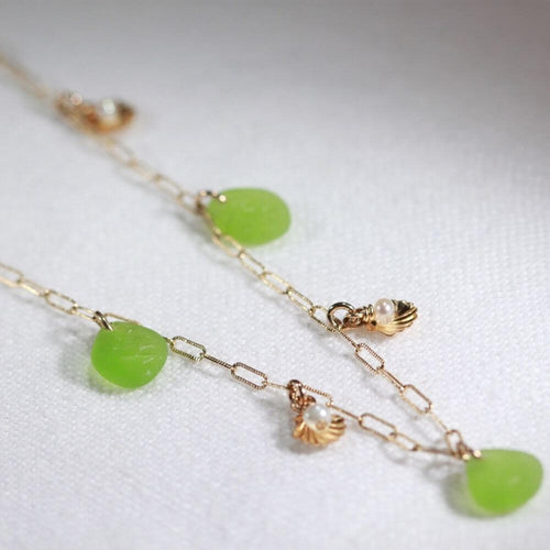 Lime Green sea glass, freshwater pearl and 14kt GF shell charm