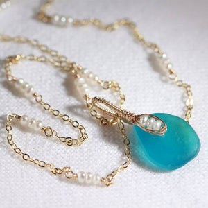 Turquoise English multi sea glass and freshwater pearls in 14kt GF