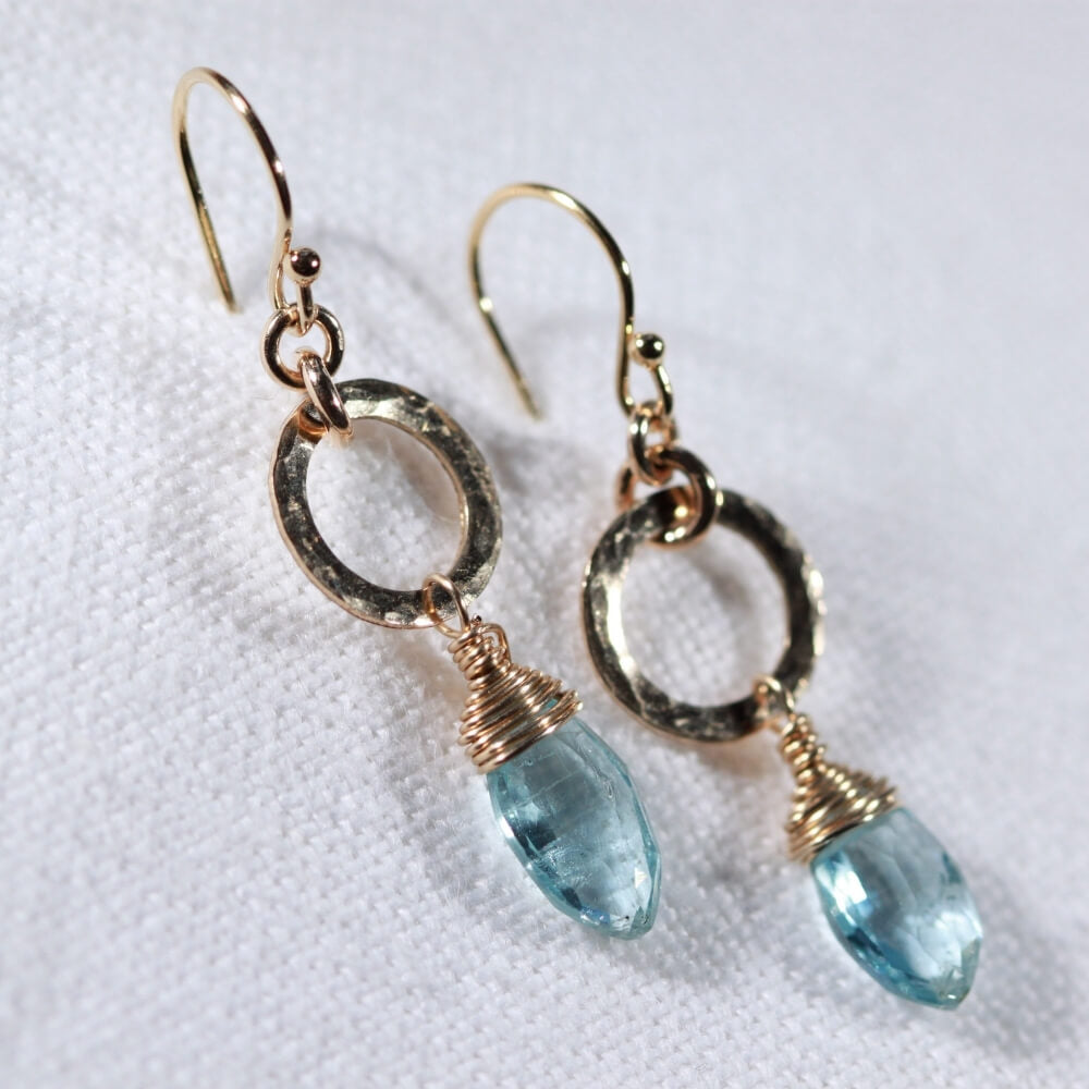 Swiss Blue Topaz Marquise gemstone Earrings with Hammered circle in 14 kt Gold Filled